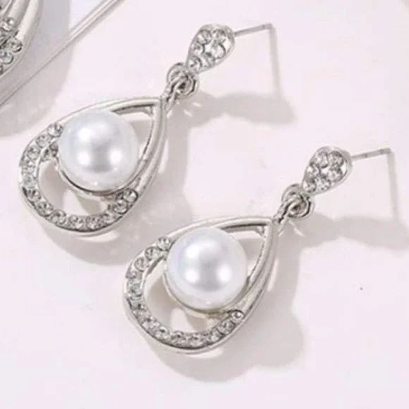 Pearl Necklace Teardrop Zirconia Rhinestone Drop Earrings Necklace Jewelry Sets - Picture 4 of 14